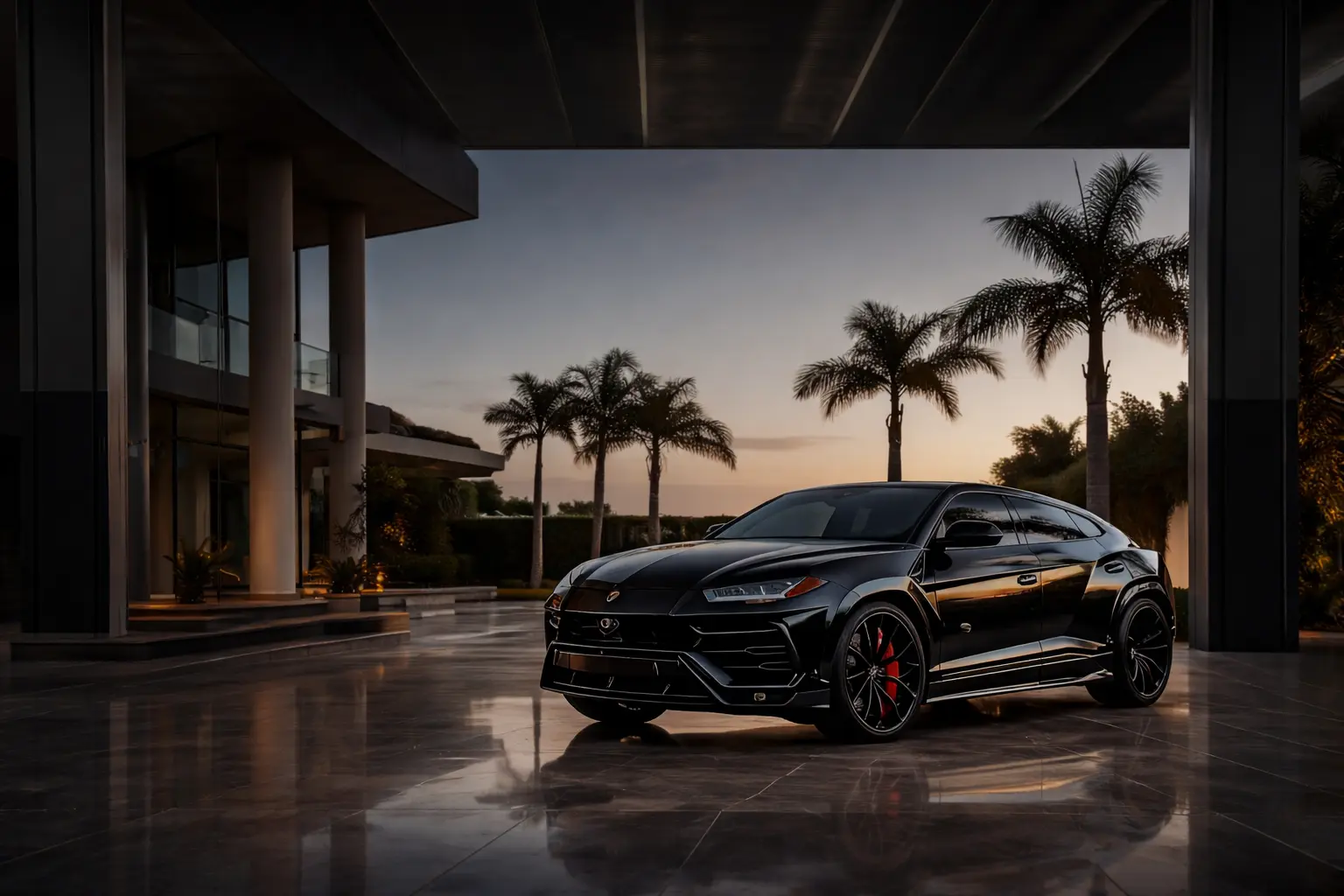 Luxury car parked at modern villa